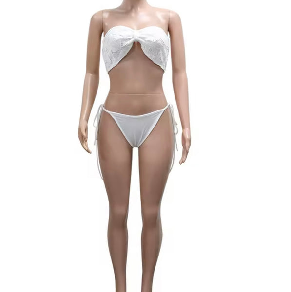 Women Color Sexy Strapless Bikini  Lace Cover Up Set