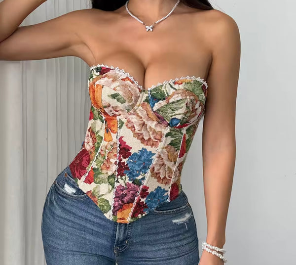 Women Strapless Floral Print Fashion Corset Top