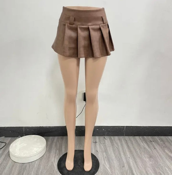 Women Sexy Short Faux Leather Pleated Skirt