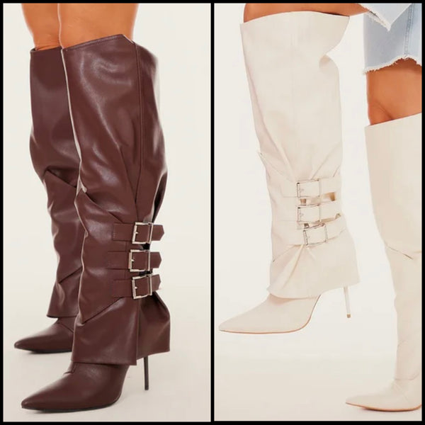 Women Pointed Toe Buckled Fashion Faux Leather Knee High Boots