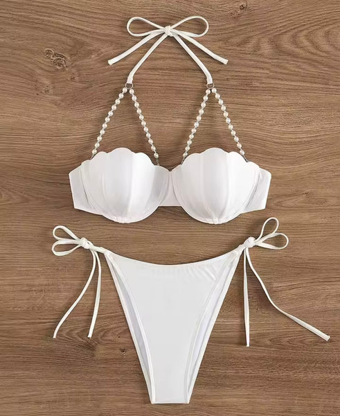 Women Sexy White Pearl Tie Up Bikini Swimsuit