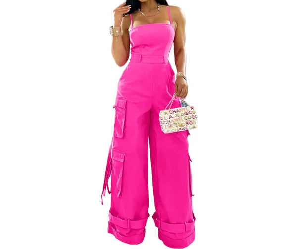 Women Sexy Sleeveless Buckled Cargo Wide Leg Jumpsuit