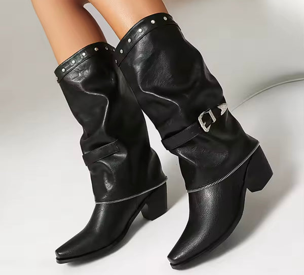 Women Fashion Rivet Zipper Buckled Western Boots