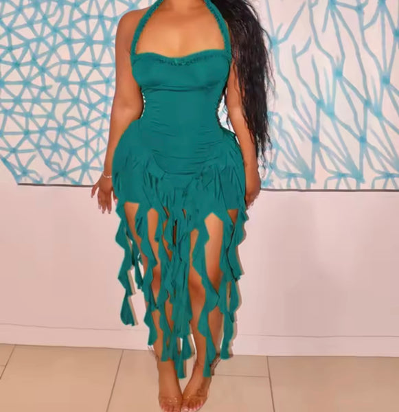 Women Color Halter Sleeveless Tassel Sexy Dress