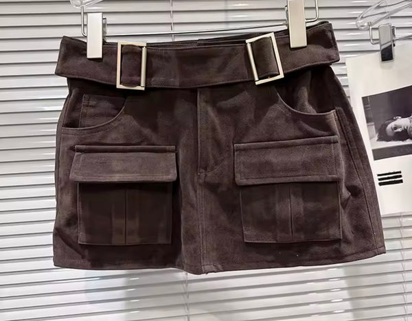 Women Sexy Fashion Suede Buckle Pocket Skirt
