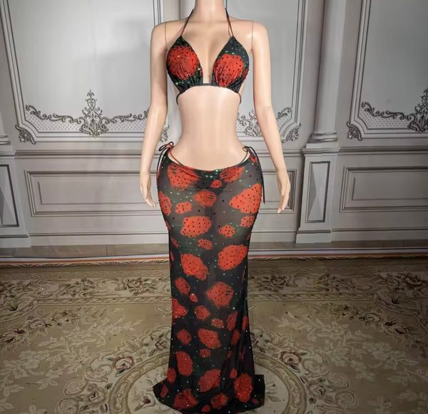 Women Sexy Rhinestone Floral Bikini Cover Up Set