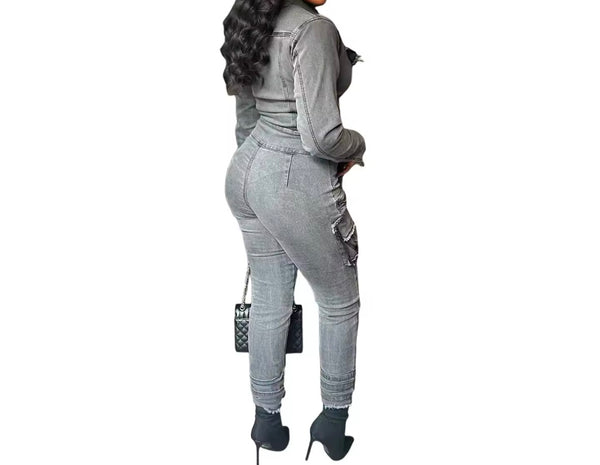 Women Fashion Gray Denim Full Sleeve Zip Up Jumpsuit