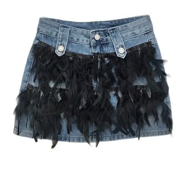 Women Fashion Feather Patchwork Denim Skirt