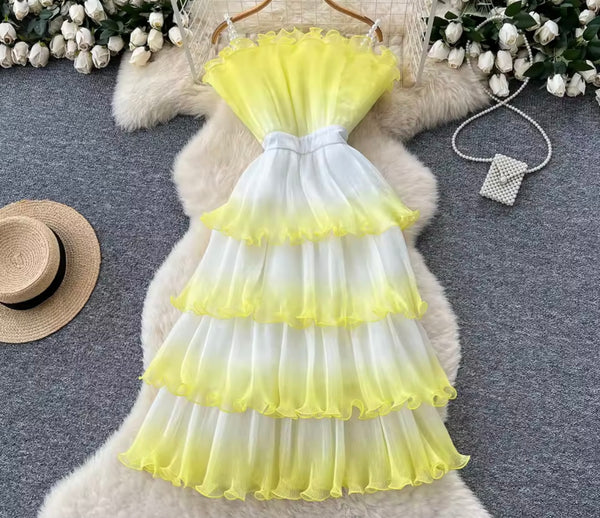 Women Strapless Gradient Ruffled Sexy Maxi Dress