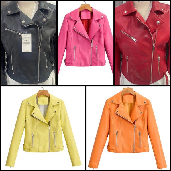 Women Fashion Zipper Color Faux Leather Jacket