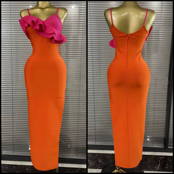 Women Sexy Sleeveless Orange Color Block Ruffle Maxi Dress