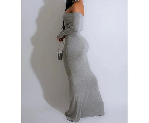 Women Sexy Solid Color Off The Shoulder Full Sleeve Maxi Dress
