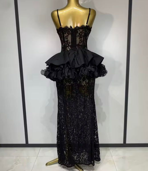 Women Black Sleeveless Sexy Lace Ruffled Maxi Dress