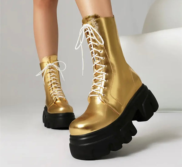 Women Fashion Platform Lace Up Faux Leather Ankle Boots