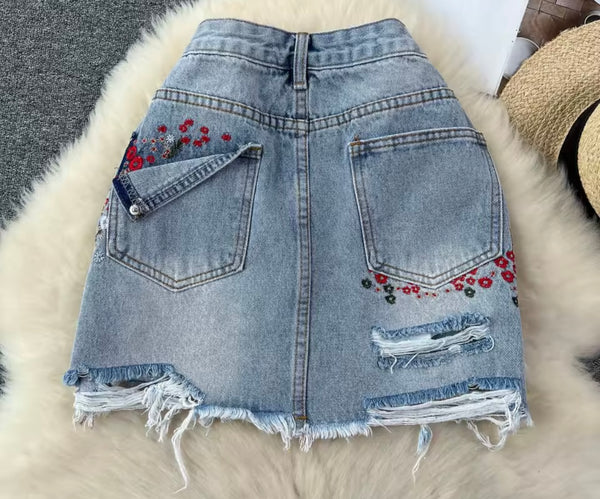 Women Fashion Embroidered Floral Ripped Denim Skirt