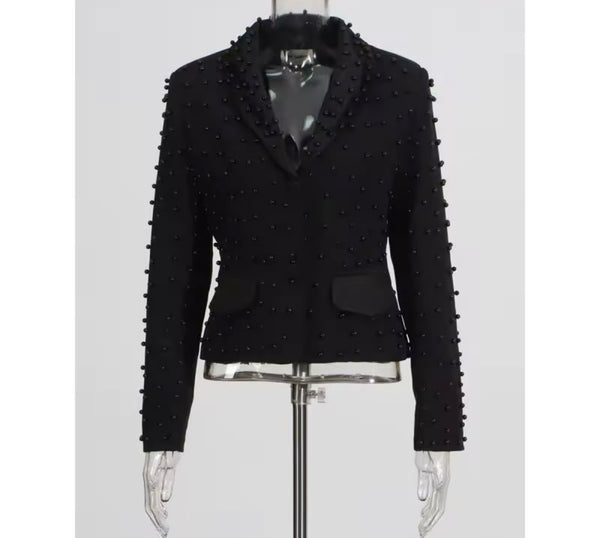 Women Solid Color Beaded Pearl Blazer Two Piece Pant Set