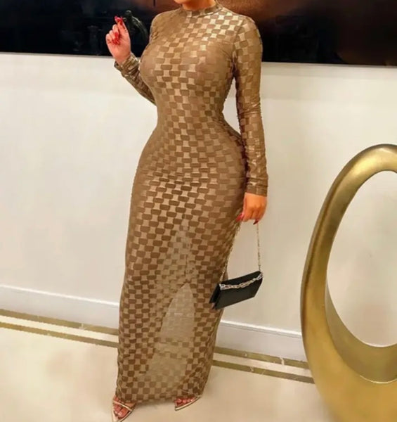 Women Sexy Printed See Through Full Sleeve Maxi Dress