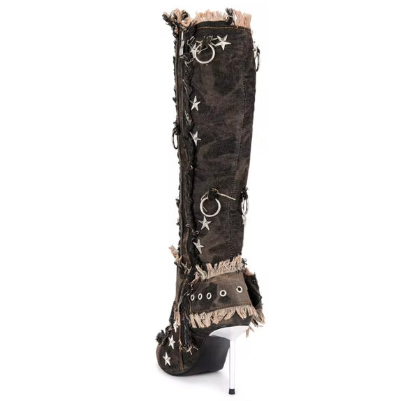 Women Fashion Rivet Fringe Buckle Denim Knee High Boots