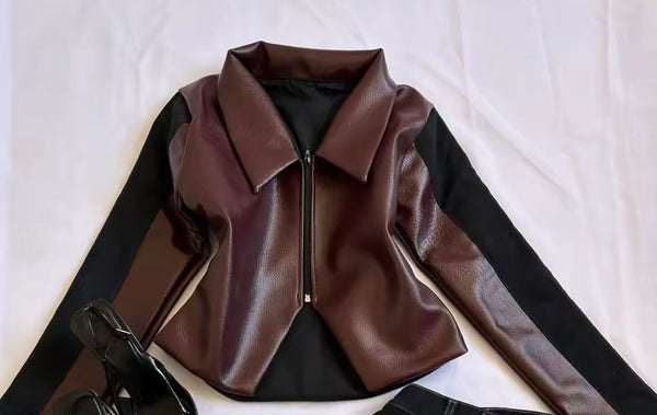 Women Brown Faux Leather Denim Jacket Two Piece Skirt Set