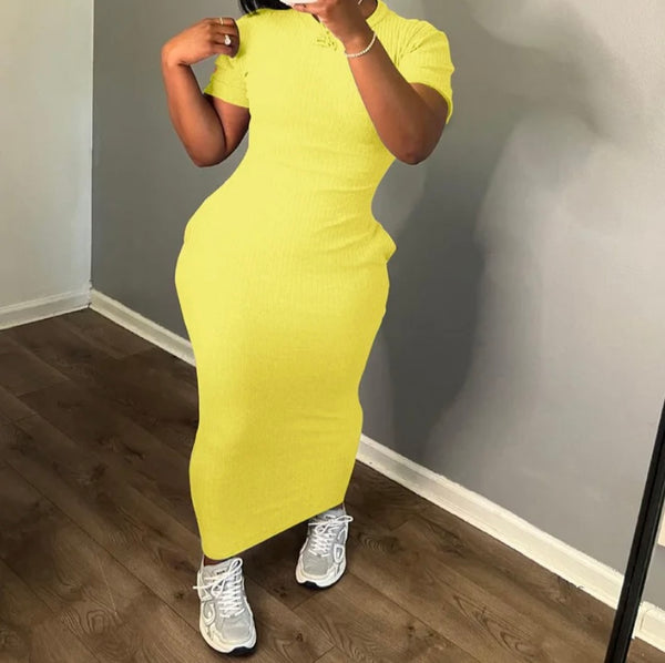 Women Solid Color Short Sleeve Ribbed Sexy Maxi Dress