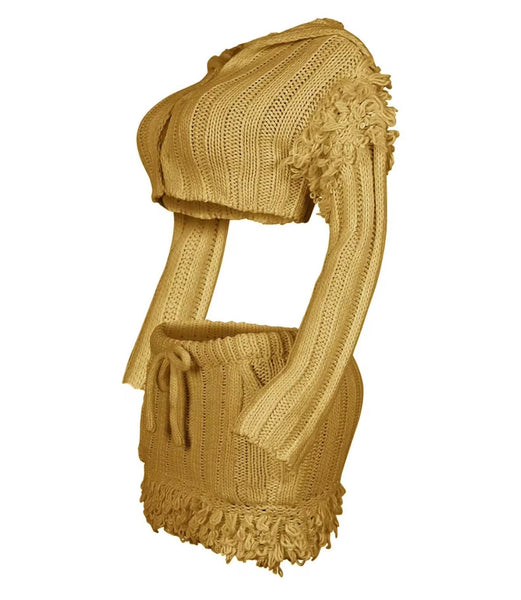 Women Sexy Knitted Fringe Full Sleeve Two Piece Skirt Set