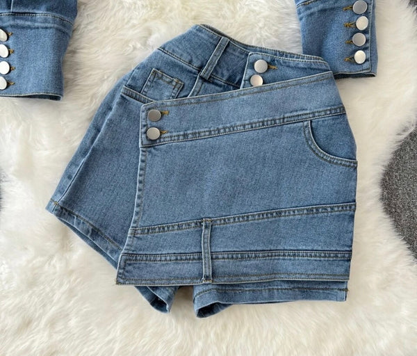 Women Full Sleeve Fashion Two Piece Denim Short Set