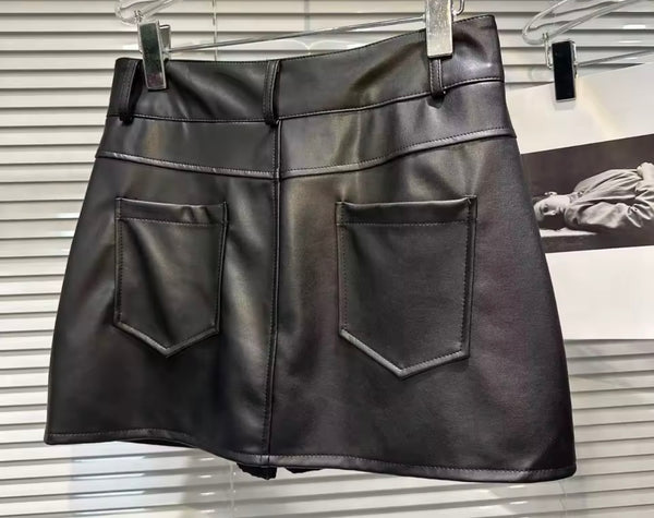 Women Sexy Fashion Black Buckled Faux Leather Skirt