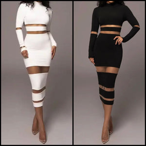Women Sexy Full Sleeve Solid Color Mesh Patchwork Maxi Dress