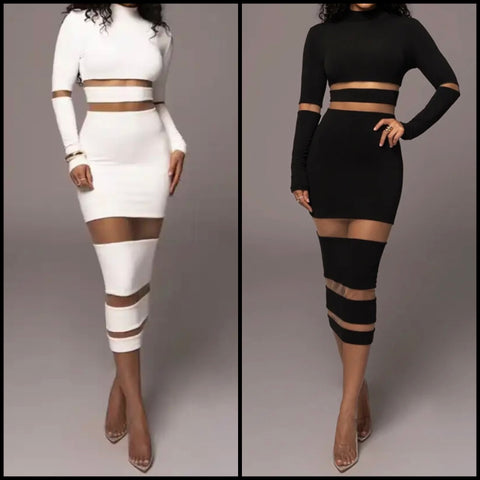 Women Sexy Full Sleeve Solid Color Mesh Patchwork Maxi Dress