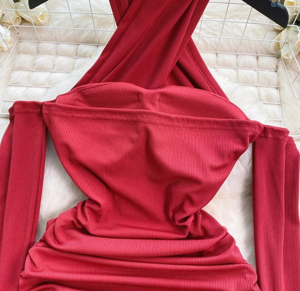 Women Sexy Red Ribbed Halter Full Sleeve Dress