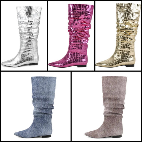 Women Flat Fashion Pointed Toe Ruched Boots