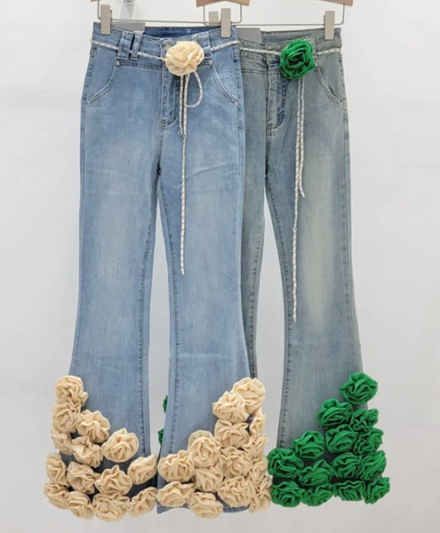 Women Denim Fashion Color Floral Patchwork Pants