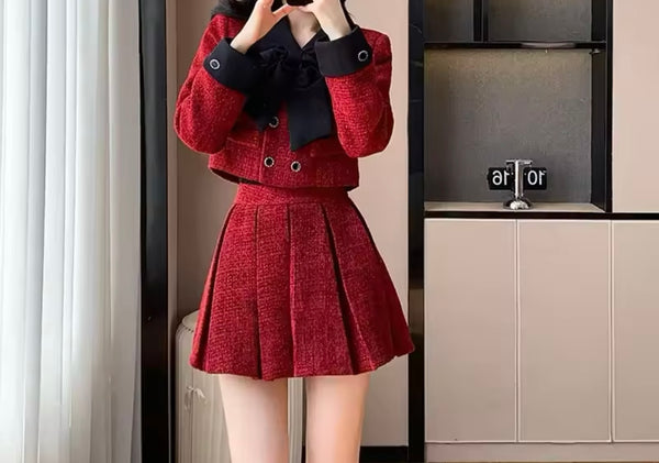 Women Red Bow Button Up Full Sleeve Two Piece Pleated Skirt Set