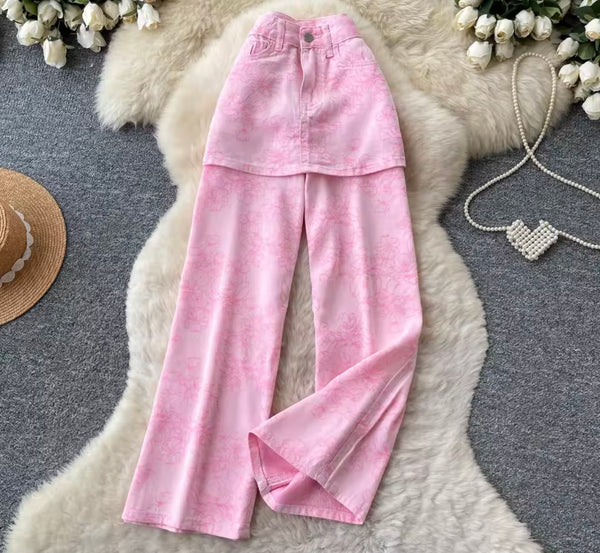 Women Fashion Color Floral Print Denim Wrap Pants