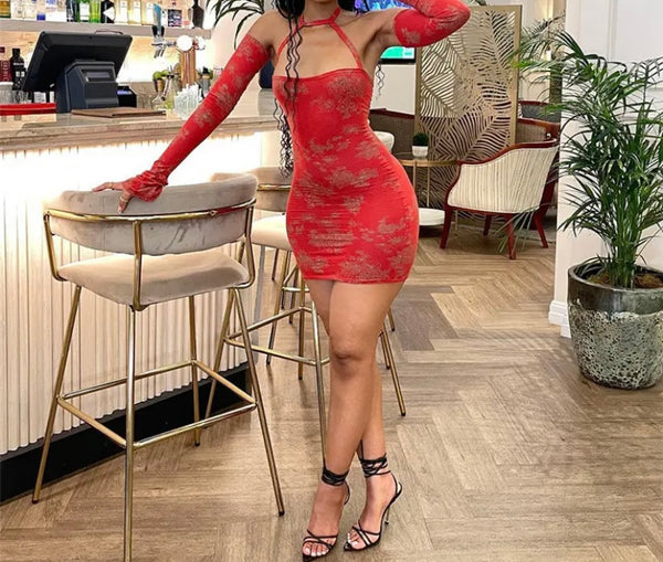 Women Red Printed Halter Sexy Dress