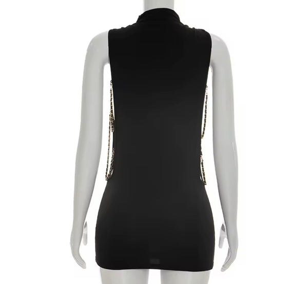 Women Sexy Black Sleeveless Chain Short Dress