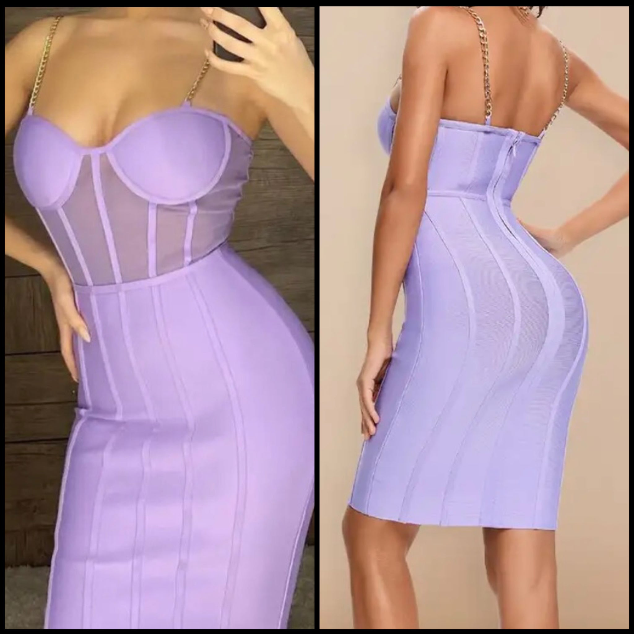 Women Sexy Chain Sleeveless Lavender Mesh Patchwork Dress