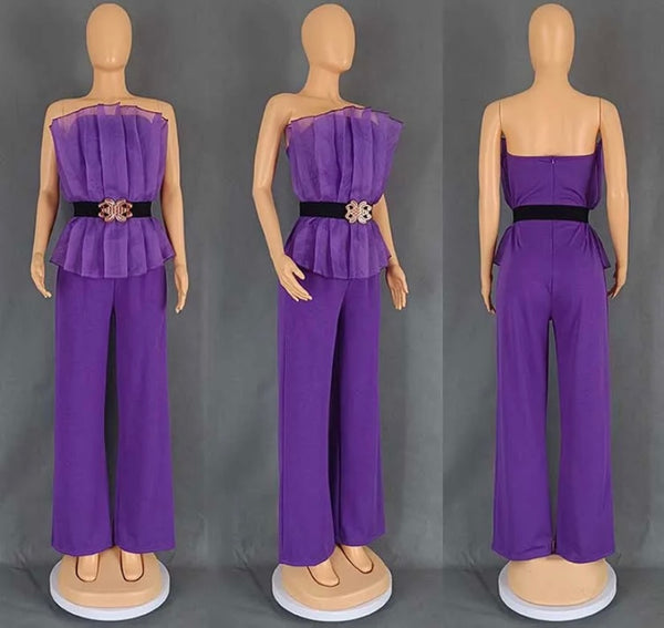 Women Sexy Pleated Strapless Color Jumpsuit