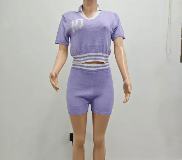 Women Fashion Number Short Sleeve Color Patchwork Two Piece Short Set