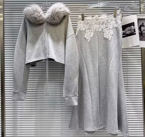 Women Fur Hooded Drawstring Gray Two Piece Pant Set