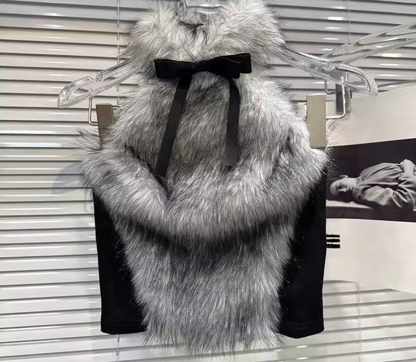 Women Fashion Color Faux Fur Halter Top