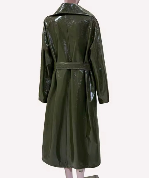 Women Fashion Green Faux Leather Belted Trench Jacket