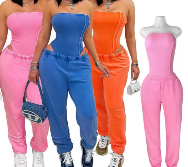 Women Strapless Color Bodysuit Two Piece Fashion Pant Set