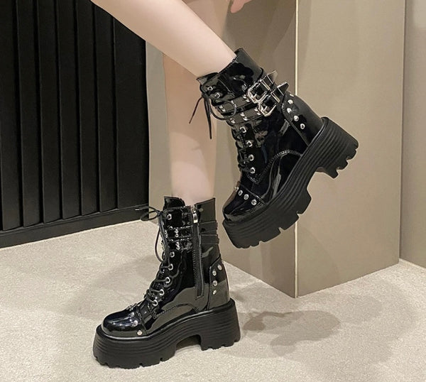 Women Fashion Platform Patent Leather Buckled Ankle Boots