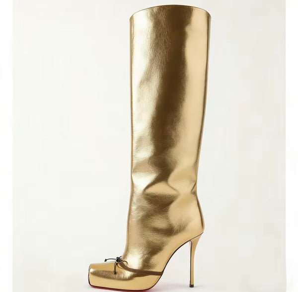 Women Fashion Square Toe Bow Faux Leather Knee High Boots