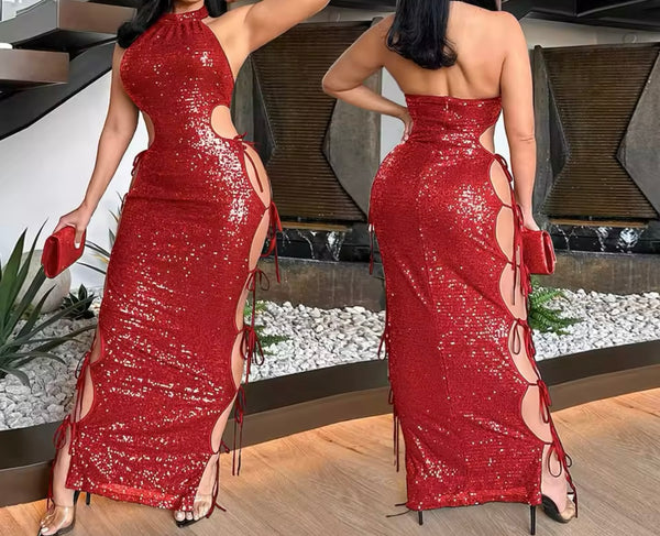 Women Sexy Sleeveless Sequins Color Cut Out Maxi Dress