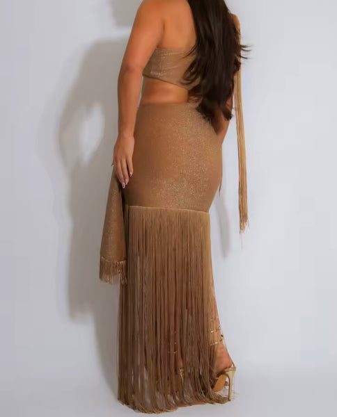 Women Sexy One Shoulder Cut Out Fringe Tassel Maxi Dress