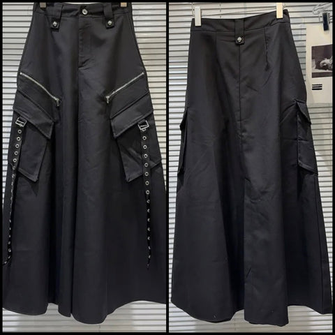 Women Black Sexy Fashion Buckled Pocket Maxi Skirt