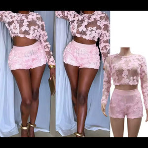 Women Pink Floral Sexy Mesh Full Sleeve Two Piece Short Set