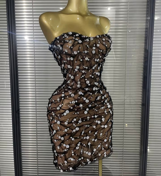 Women Sexy Strapless Rhinestone Mesh Dress